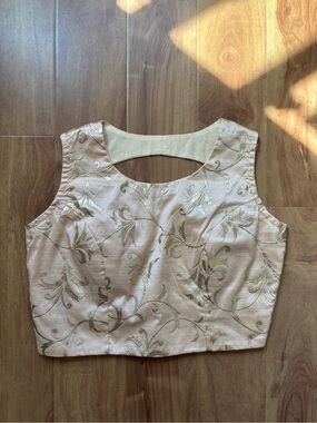 Vintage Cream Crop Top with Gold Brocade Floral Detail